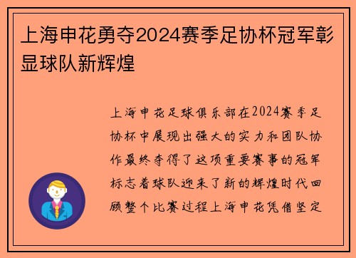 上海申花勇夺2024赛季足协杯冠军彰显球队新辉煌
