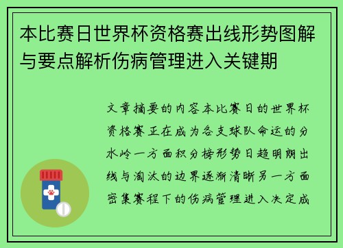 本比赛日世界杯资格赛出线形势图解与要点解析伤病管理进入关键期
