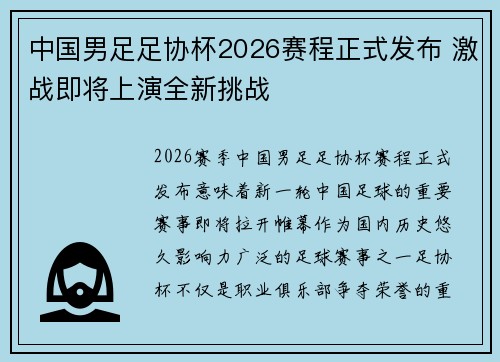 中国男足足协杯2026赛程正式发布 激战即将上演全新挑战
